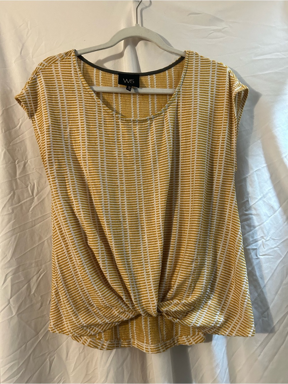 W5 Mustard and White Striped Twist-Front Short Sleeve Top